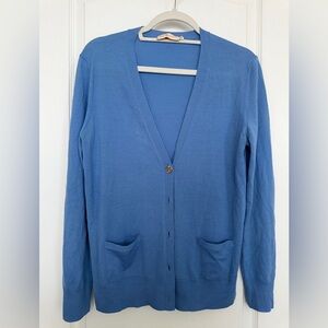 EUC Tory Burch Signature Lt. Blue Merino Wool Logo Gold Button Cardigan sz Med